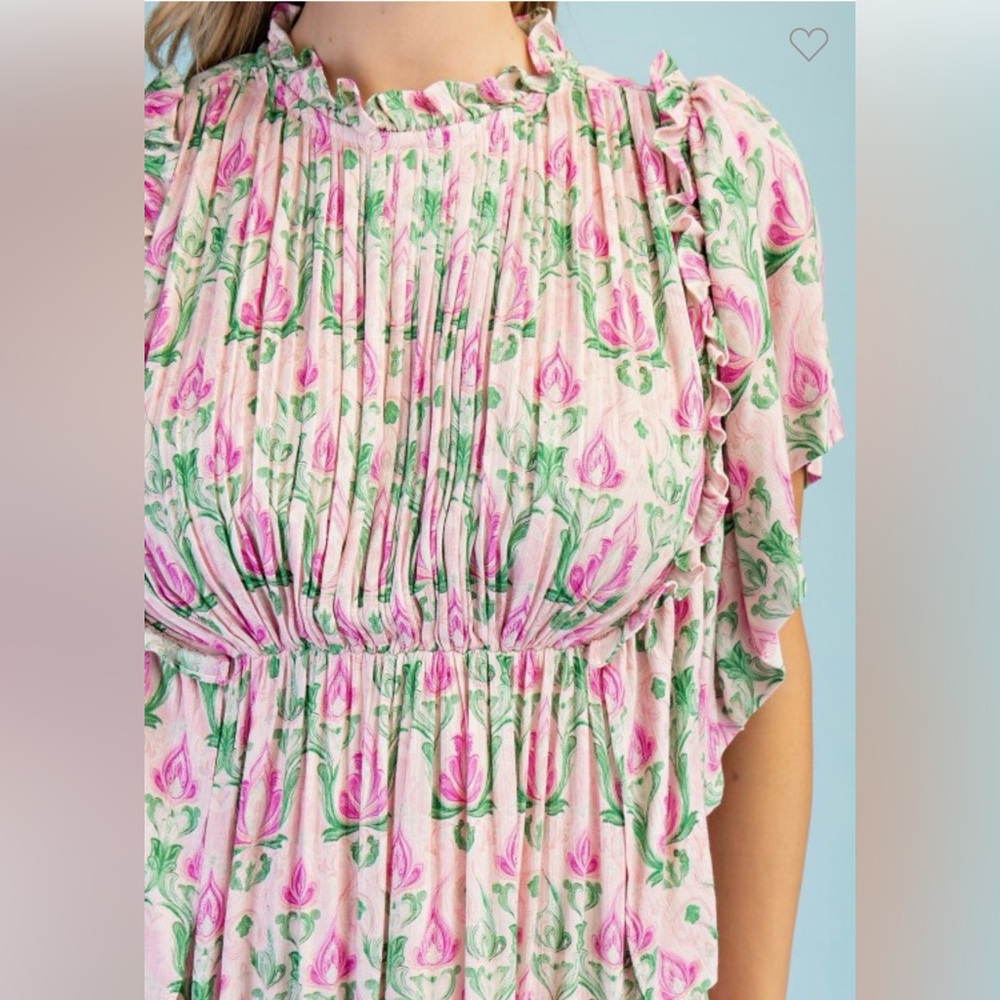 Floral Pink & Green Maxi Dress - Smocked Waist - Picture 2 of 3